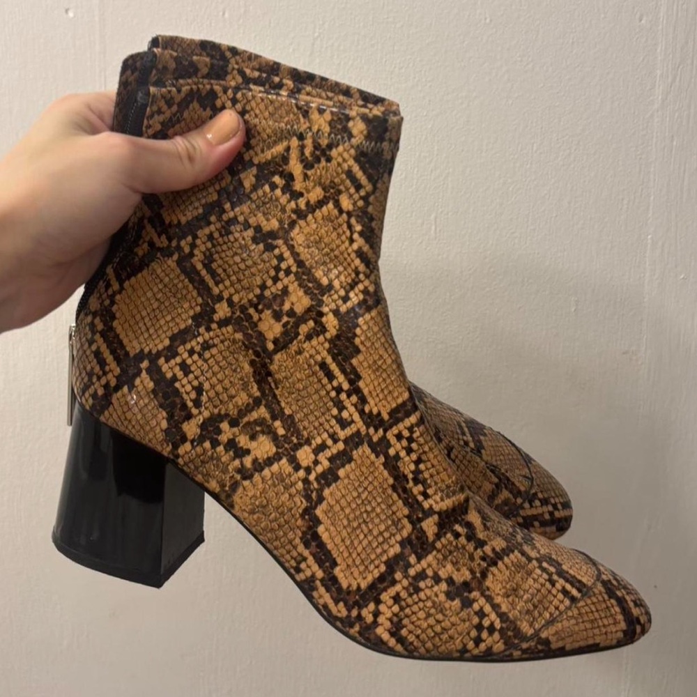 Zara Tan & Black Snake-Print Block Heel Ankle Boots